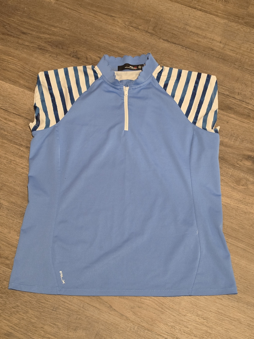 Ralph Lauren Girls' Sky Blue Polo Top with Navy & White Striped Cap Sleeves